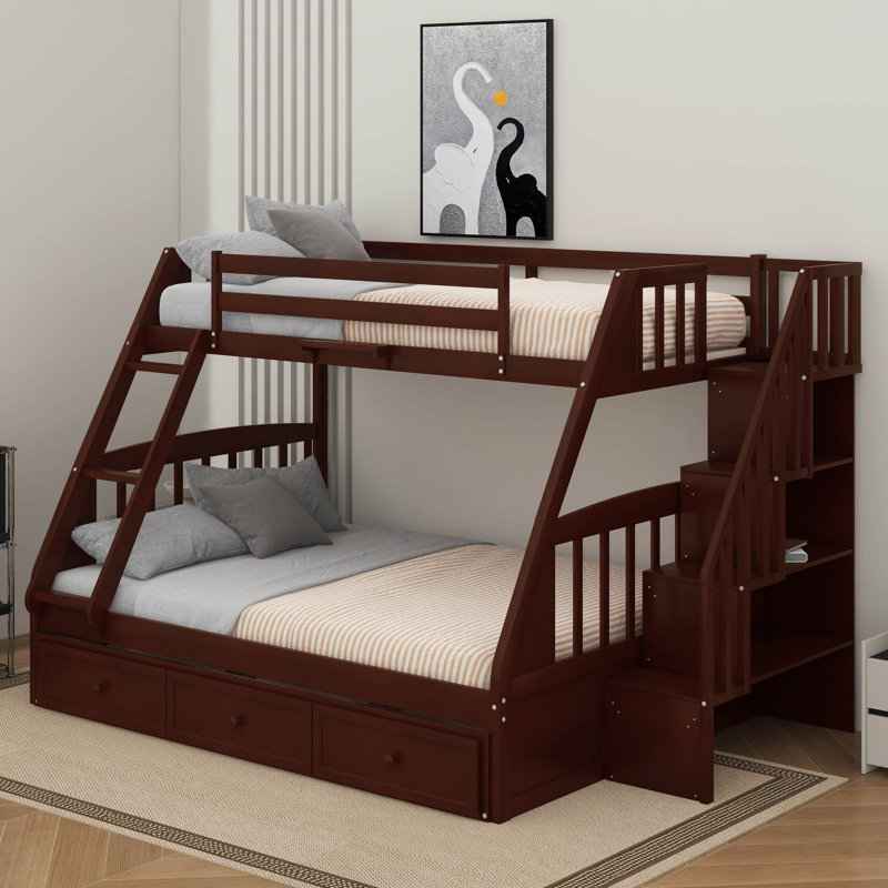 Twin Over Full Bunk Bed With Ladder,Drawers And Storage Staircase, Espresso