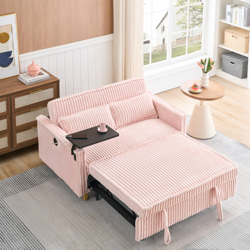 Pink Chenille Convertible Sofa Bed With Foldable Side Table, Modern Pull-Out Couch Bed For Small Space Living Room & Bedroom