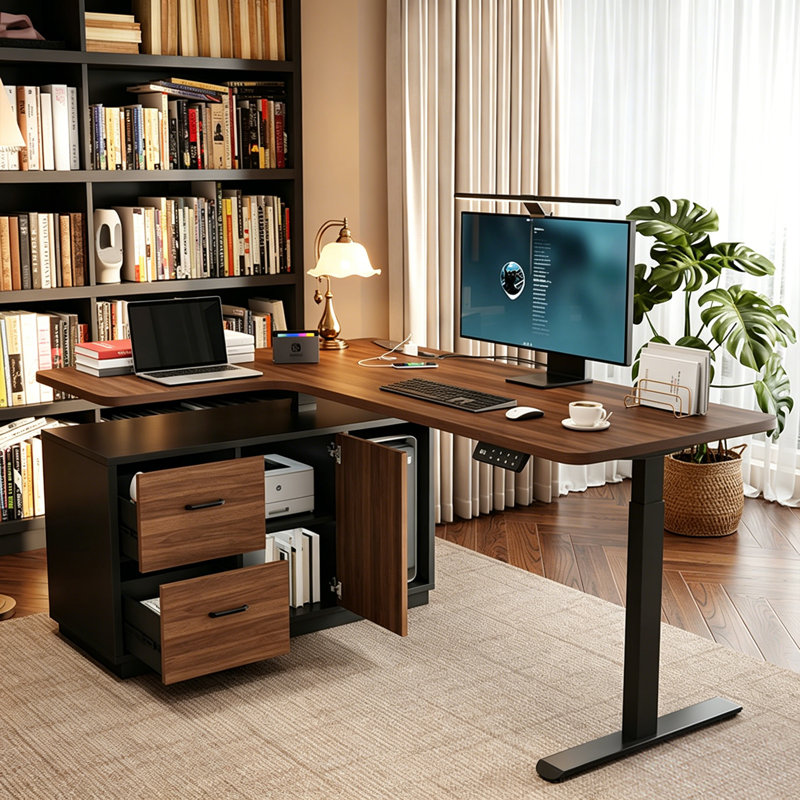 55.12"Solid Wood L-Shaped Electric Height Adjustable Corner Desk, Office & Computer Writing Desk