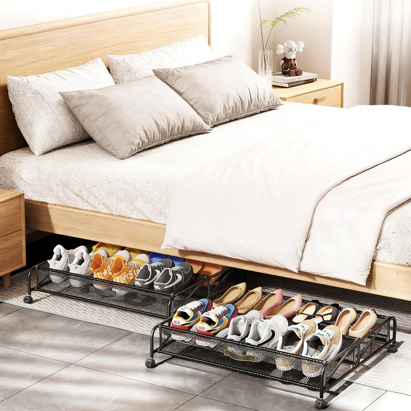 Under Bed Shoe Storage Organizer with Wheels, Space Saving Storage Containers for Bedroom, 2 Pack (Black)