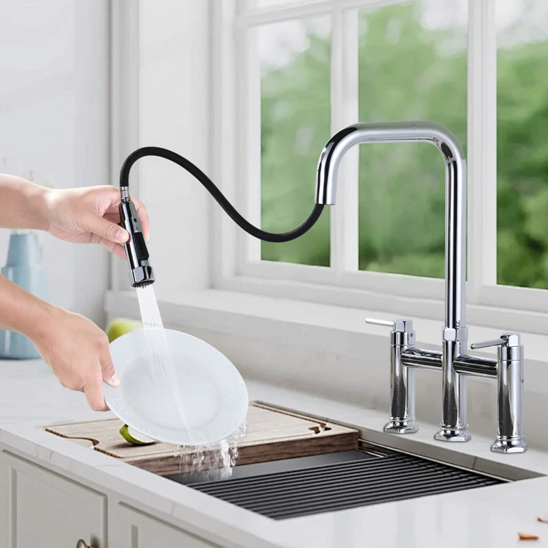 Robinet de cuisine à 3 poignées à 3 poignées en laiton avec douchette extractible à 2 modes et conduites d'alimentation