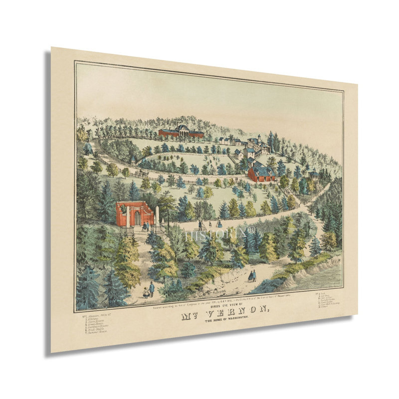 1859 Vue aérienne du mont Vernon, la maison de George Washington (carte), H 24 po x l 36 po