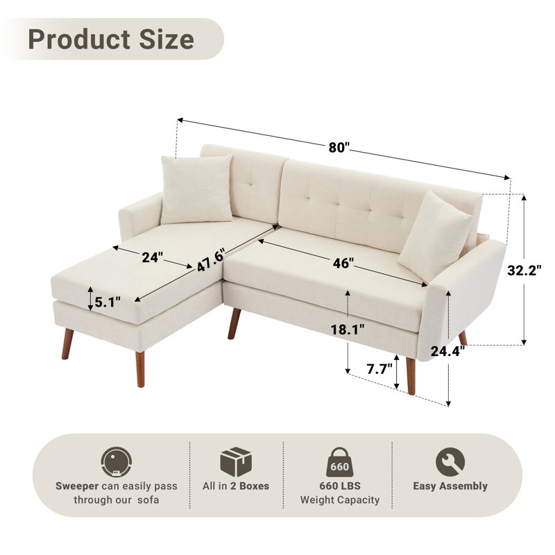 Canapé modulaire en L 80 po Mid-Century, Lin beige