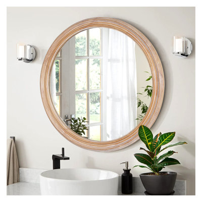 Miroir mural rond 27,5 pouces, cadre rétro en bois de ferme vieilli pour meuble-lavabo, chambre à coucher, salon, entrée - miroir décoratif décoratif naturel antique