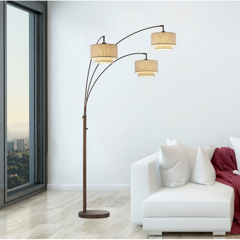 Lampe sur pied arquée 80 lumières DEL avec double abat-jour Lumiere III, Bronze antique, Brun clair