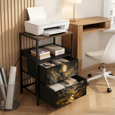 Table de chevet 2 tiroirs avec station de charge, table de chevet pour chambre à coucher avec ports USB et prises de courant à tablette ouverte noire, table de chevet avec paysage de montagne Golden River