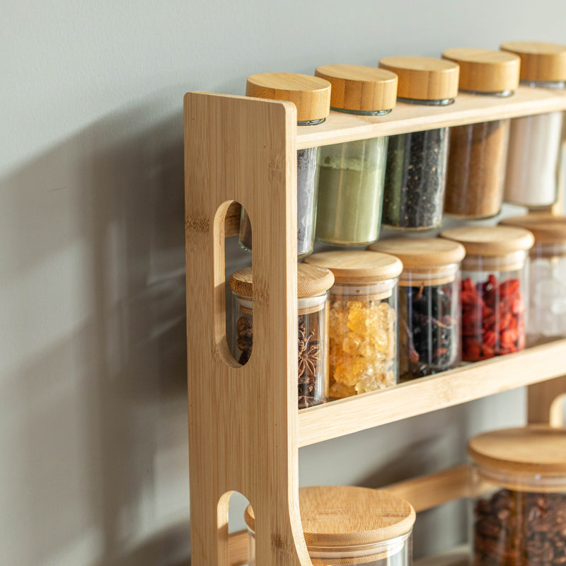 Support à épices et garde-manger en bambou à 3 niveaux avec 13 bocaux en verre Basicwise