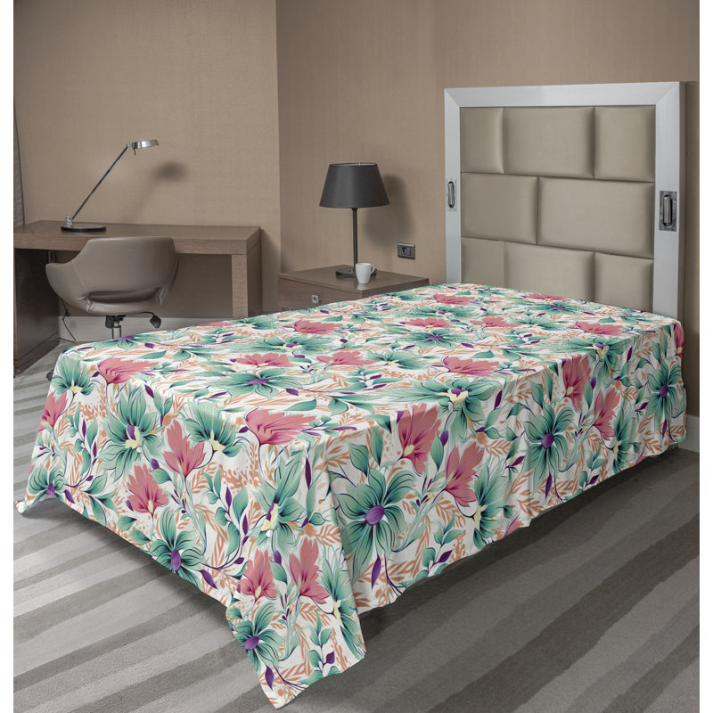 Ambesonne Flowers Flat Sheet Nostalgia Farmhouse, Sea Green Coral Eggshell