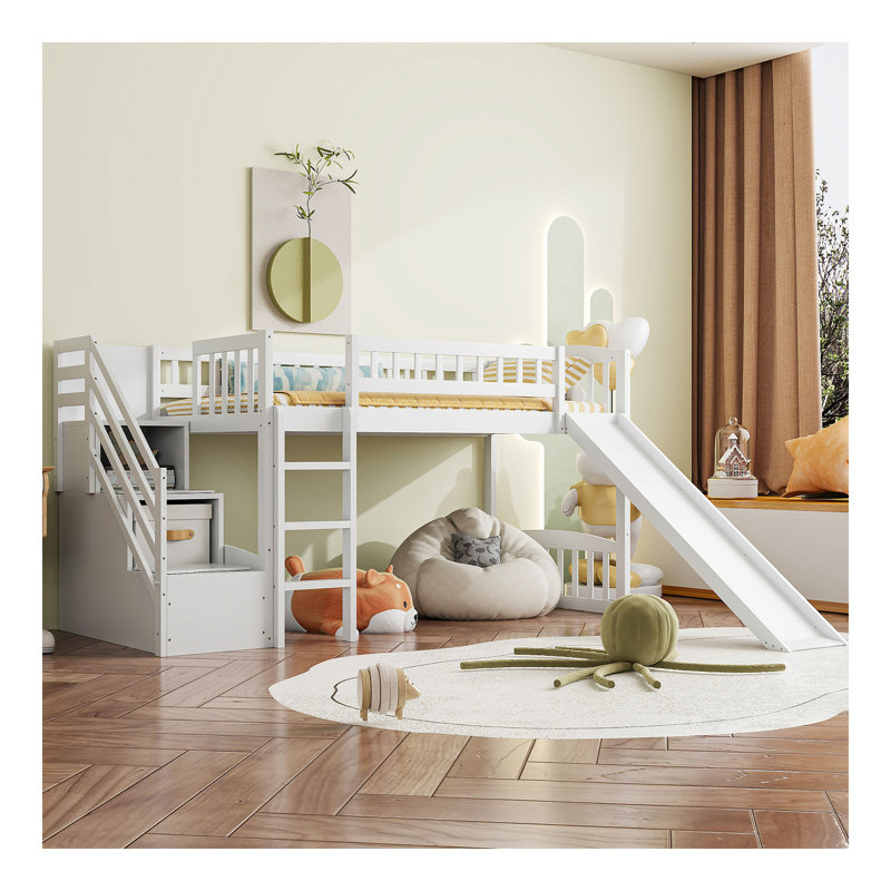 Lit mezzanine simple avec deux tiroirs et glissière Stairway, blanc, Blanc