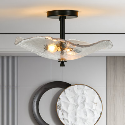 16.5" Black Ceiling Light Fixtures Flush Mount Indoor Outdoor Ceiling Light With Water Ripple Glass Shade