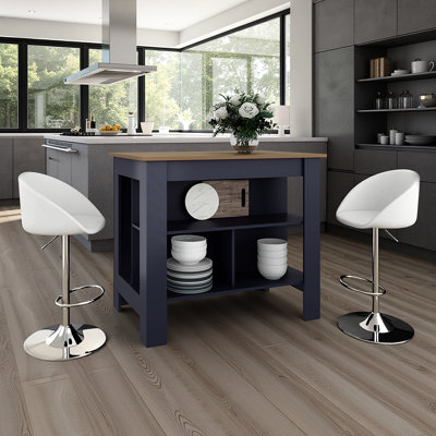 Navy Blue Kitchen Island For Dining Room Meal Prep, Three Open Shelves And One Top Shelf, Ideal Organization, Wide Surface Preparation, Particle Board Structure, 35.36 In High Use, Storage Spaces