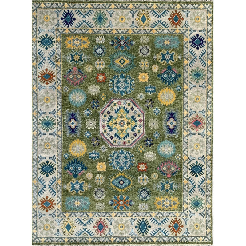 Green Hand-Knotted Wool Olive Field Medallion Classic Traditional Modern Contemporary Carpet Rug, 8' x 10'
