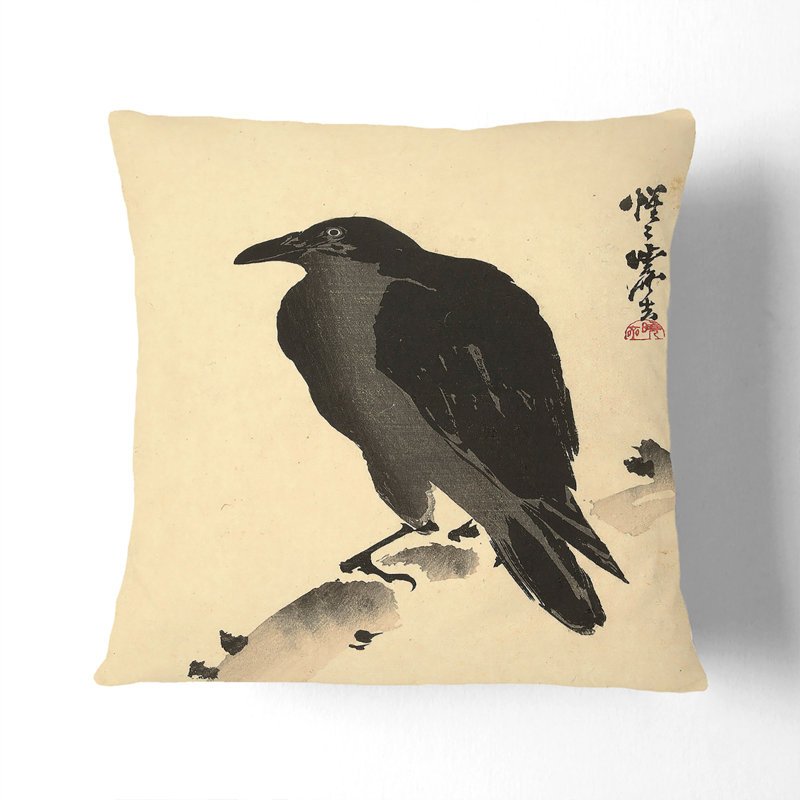 Crow On A Tree Branch Square Throw Cushion, 40cm H x 40cm W x 15cm D