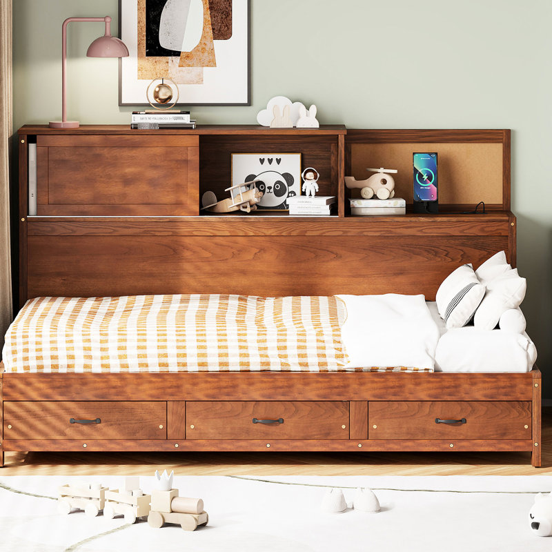 Twin Walnut Wooden Daybed With 3 Storage Drawers, Shelf, Sockets And For Tech - Comfortable Bedroom Decor Size Modern Relaxing Living Space