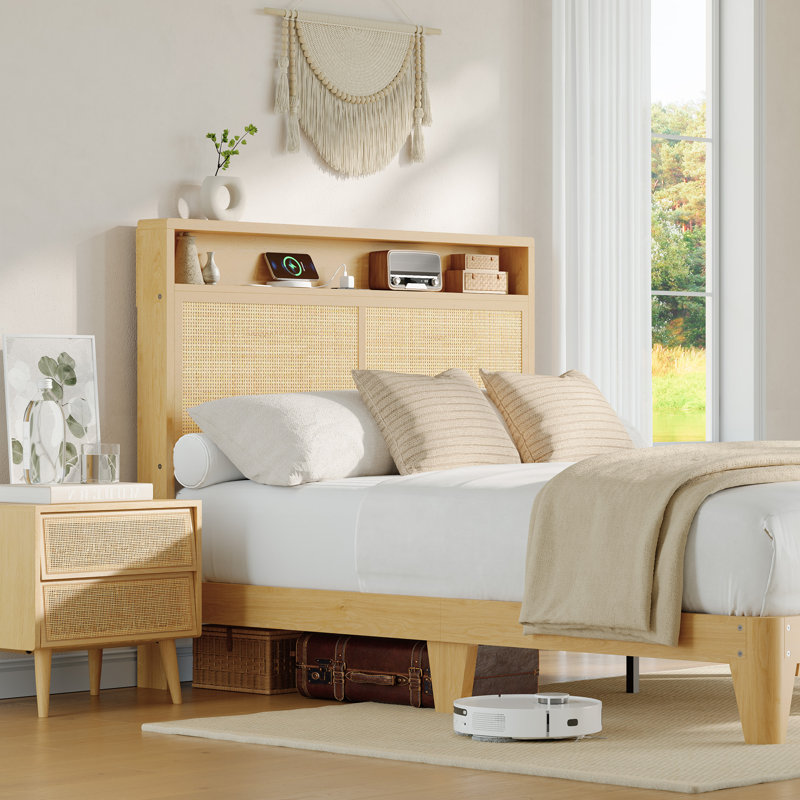 Lit Queen Size en rotin avec éclairage DEL, plateforme en bois robuste, tête de lit avec rangement et station de recharge, sommier silencieux, montage facile, livraison sans emballage – QUEEN