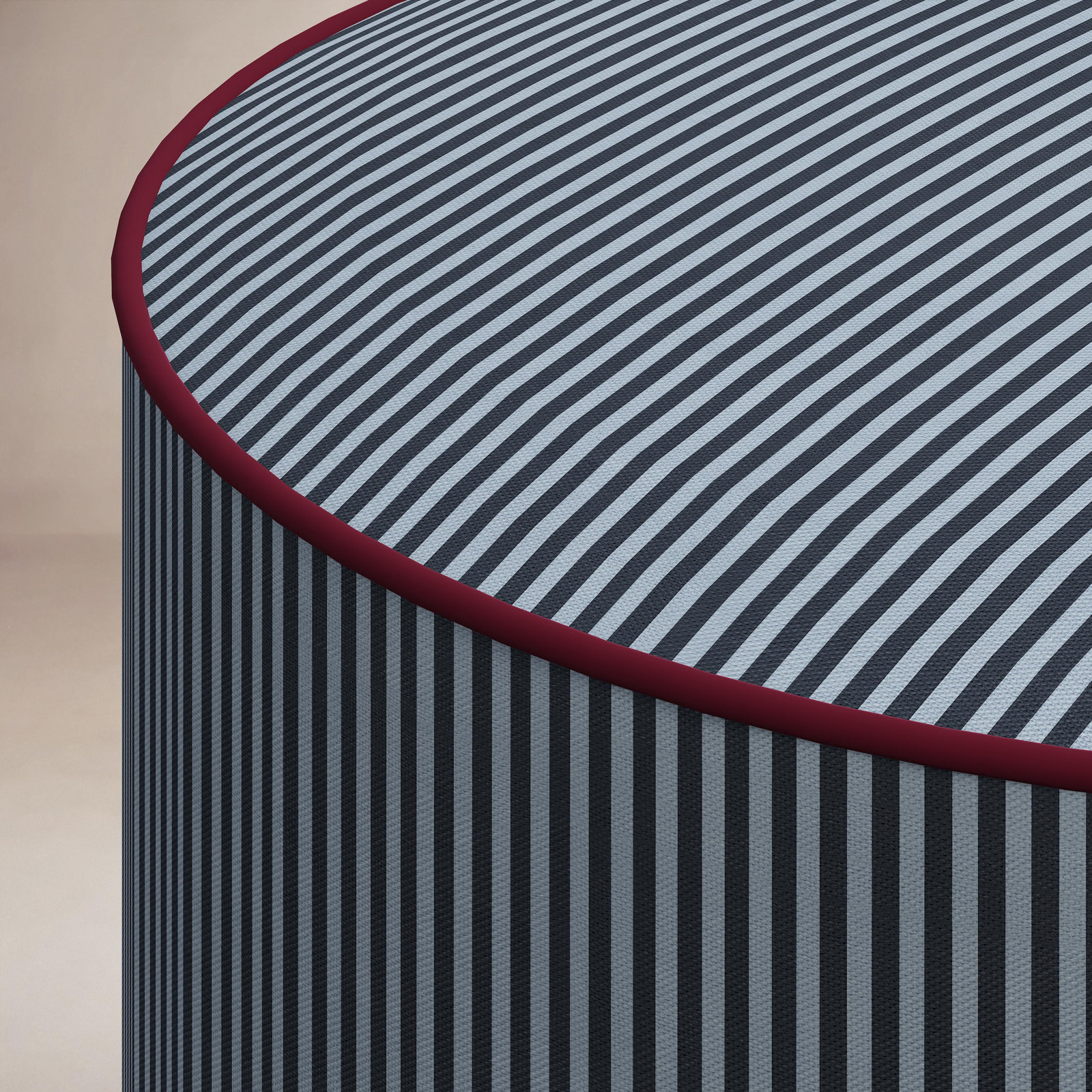 Upholstered Ottoman, Prep Stripe Tonal Denim Berry Welt