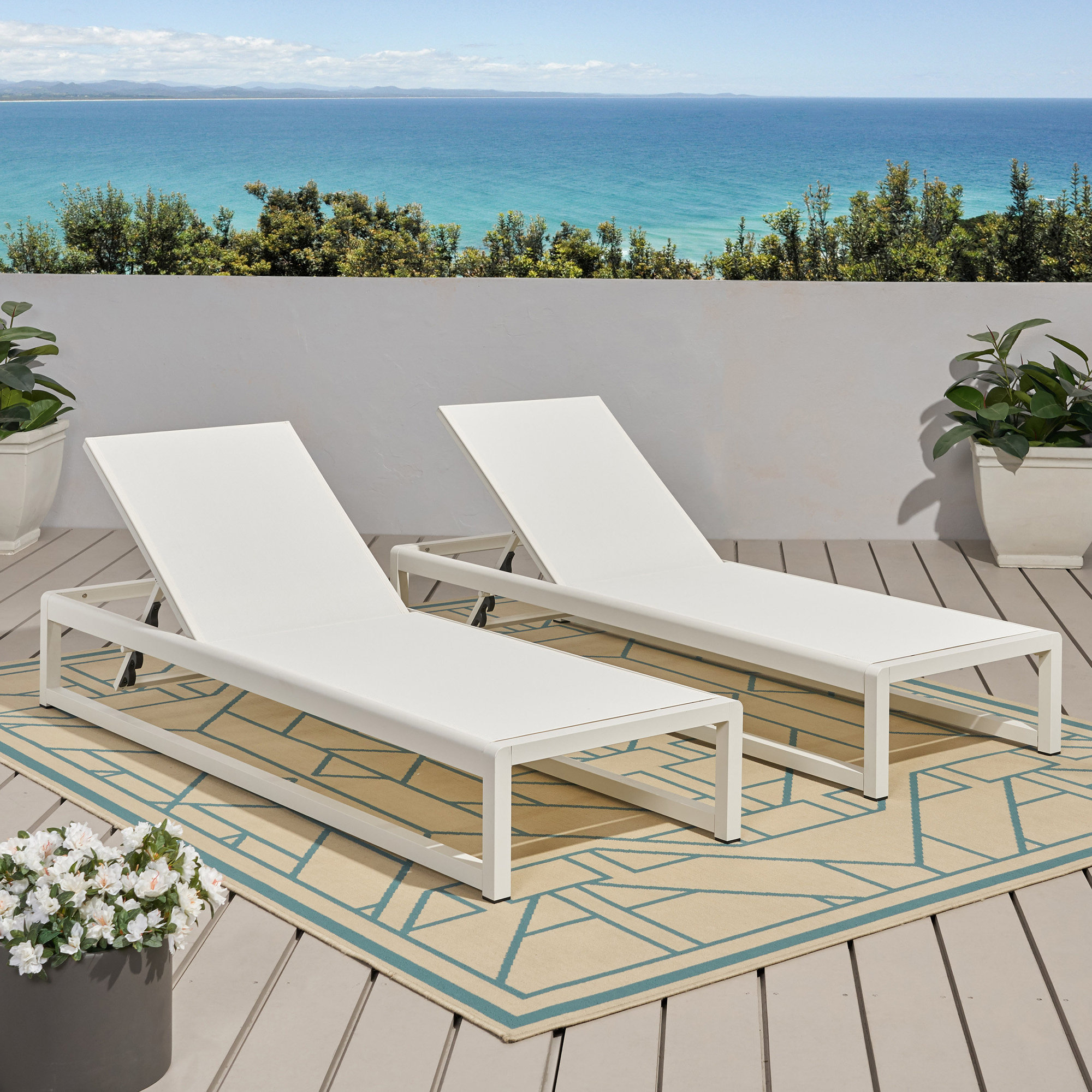 Harper 77" Long Reclining Chaise Lounge Set, White/White