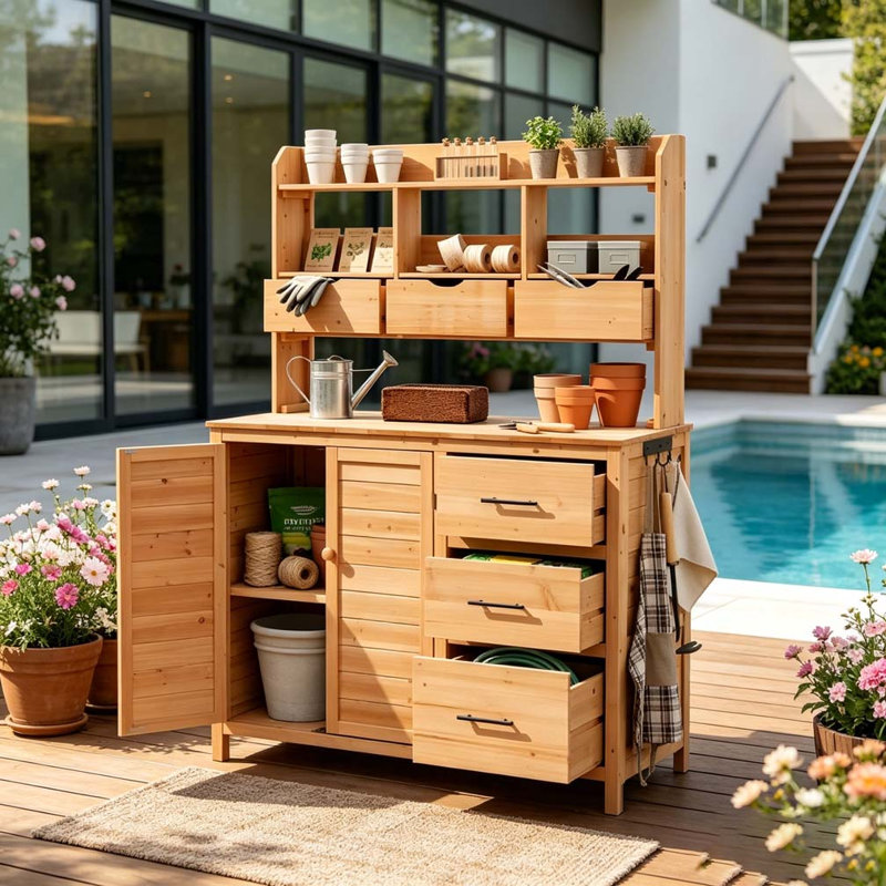 Farmhouse Patio Potting Bench, 44.6''x19.5'' Large Freestanding Garden Workstation with 6 Drawers, Natural Wood