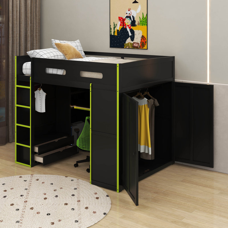 Lit mezzanine double en bois avec bureau, garde-robe, grand espace de rangement et lumière DEL RVB, Noir/vert