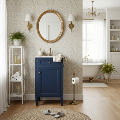 Meuble-lavabo autoportant de 18 po avec lavabo en céramique, meuble-lavabo simple de style français avec porte à fermeture douce et pieds en bois massif