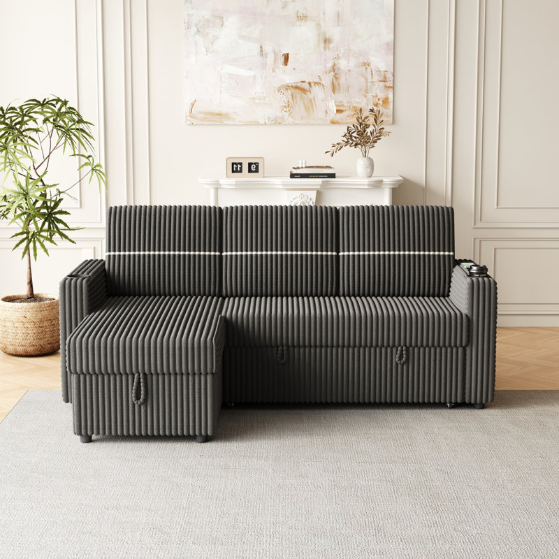 Lulla 85.11" Pull Out Sleeper L-Shaped Sofa with Storage Chaise, Grey Corduroy