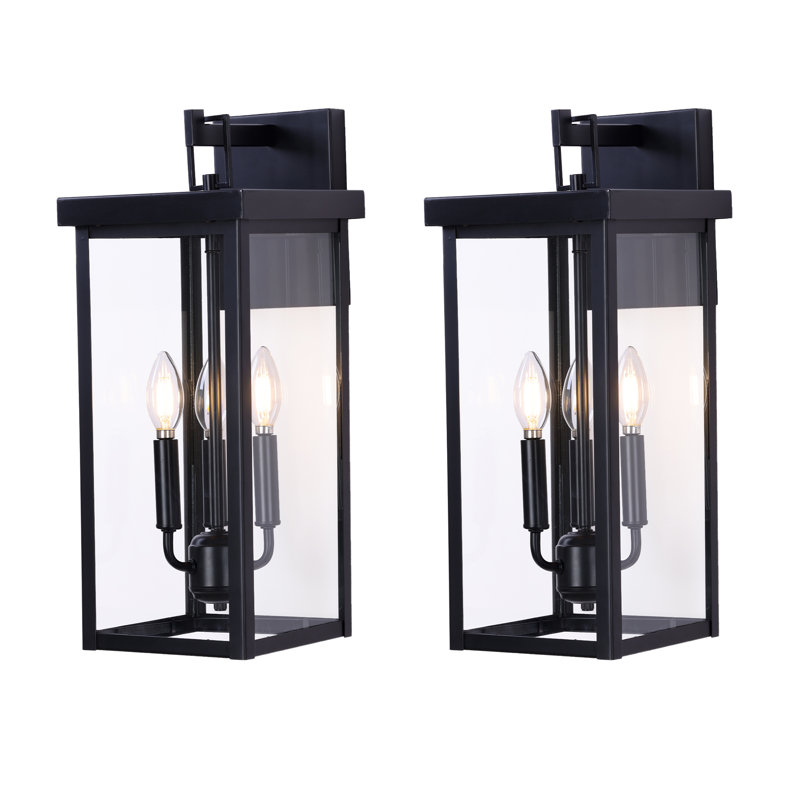 Transparent Glass Black 3 Light Outdoor Lamp(Set Of 2), 19.09" H x 7.87" W x 8.66" D, Black