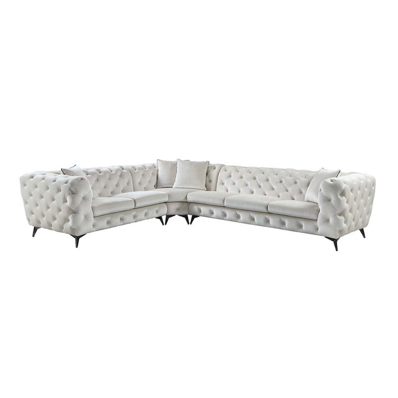 133" Beige Tufted Linen Sectional Sofa with Wood Frame