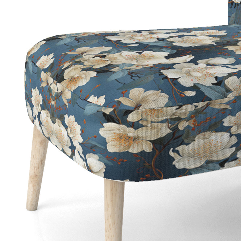 Orchidées asiatiques bleues et blanches à motif floral - Chaise d'appoint rembourrée de style campagnard, chaise d'appoint blanche