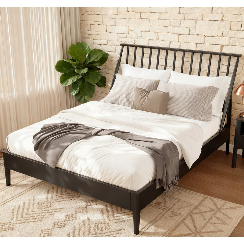 Lit plateforme en bois de bambou massif avec tête de lit haute de 46,5 po, Noir, Grand
