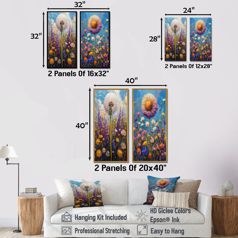 Ensemble de 2 pièces de pissenlit blanc et mauve blanc I - Pissenlit, H 28 po x l 24 po, Impression encadrée