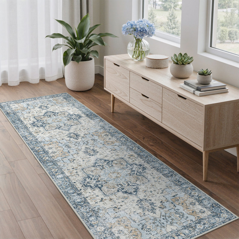 Tapis transitionnel antidérapant lavable à la machine, Tapis de couloir 2 pi x 6 pi, Bleu