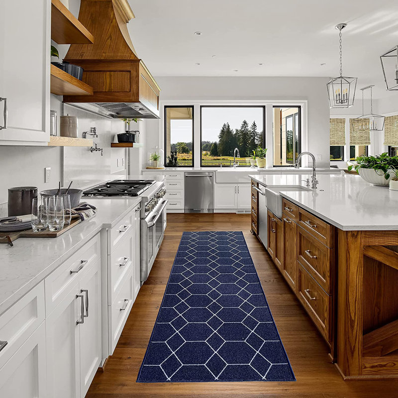 Hildale Custom Size Runner Rug Choose Your Length Hexagon Trellis Design Blue Color, Runner 2'7" x 26'