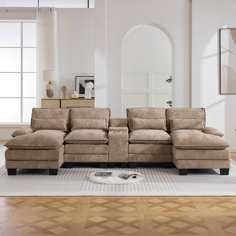 125.6'' U Shaped Sectional Sofa with Chaise Lounges, Storage Console, USB Charging Ports, Cup Holders, Sherpa-Chenille
