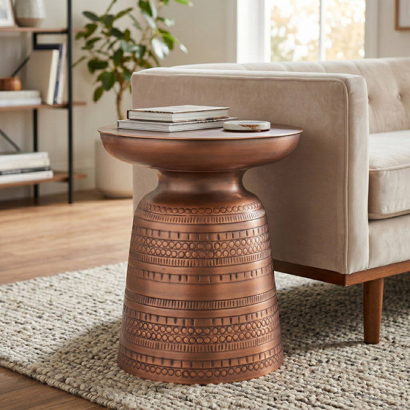 Hammered Copper Side Table, 16” Round Antique Copper  and Brass -Pedestal Accent Table, Nightstand & Drink Table with Tray Top, Modern Metal End Table for Living Room & Bedroom