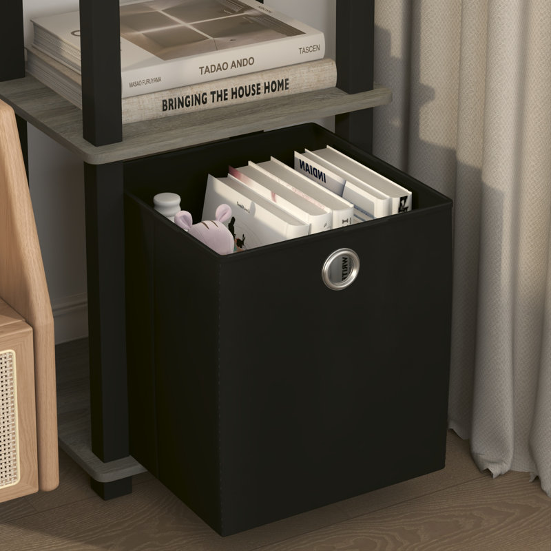 5-Tier Open Shelf Bookcase, Compact Storage Bookshelf with Bin, Gray; Black