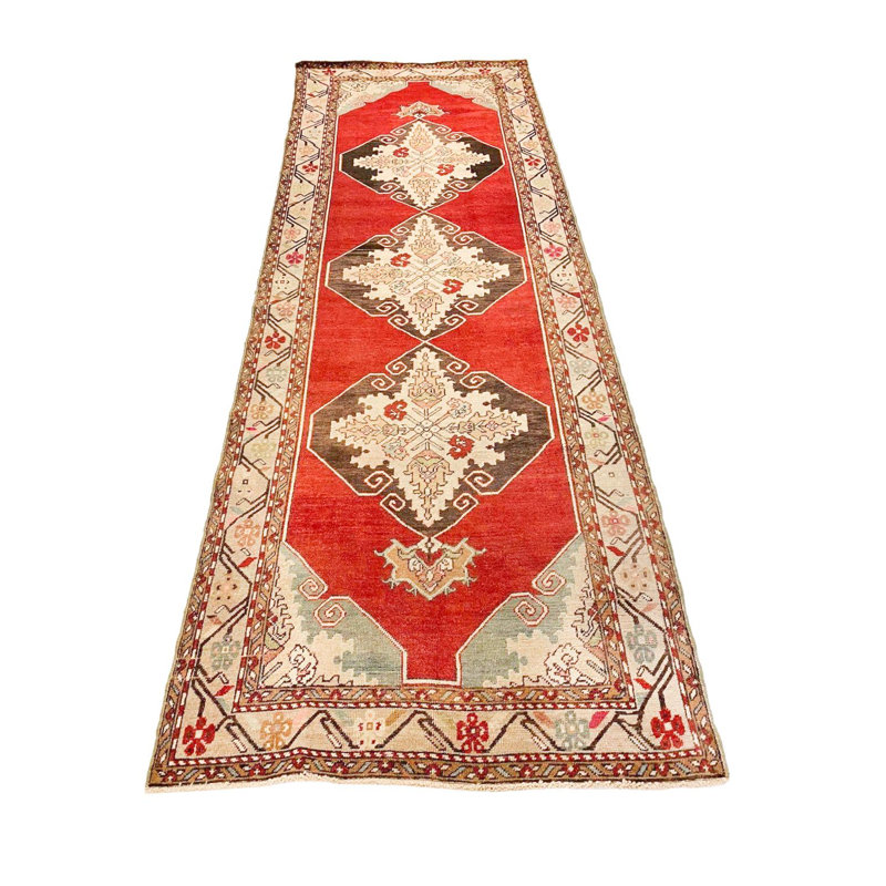 Chemin de table rétro tribal anatolien turc rouge et ivoire fait à la main 4 x 11