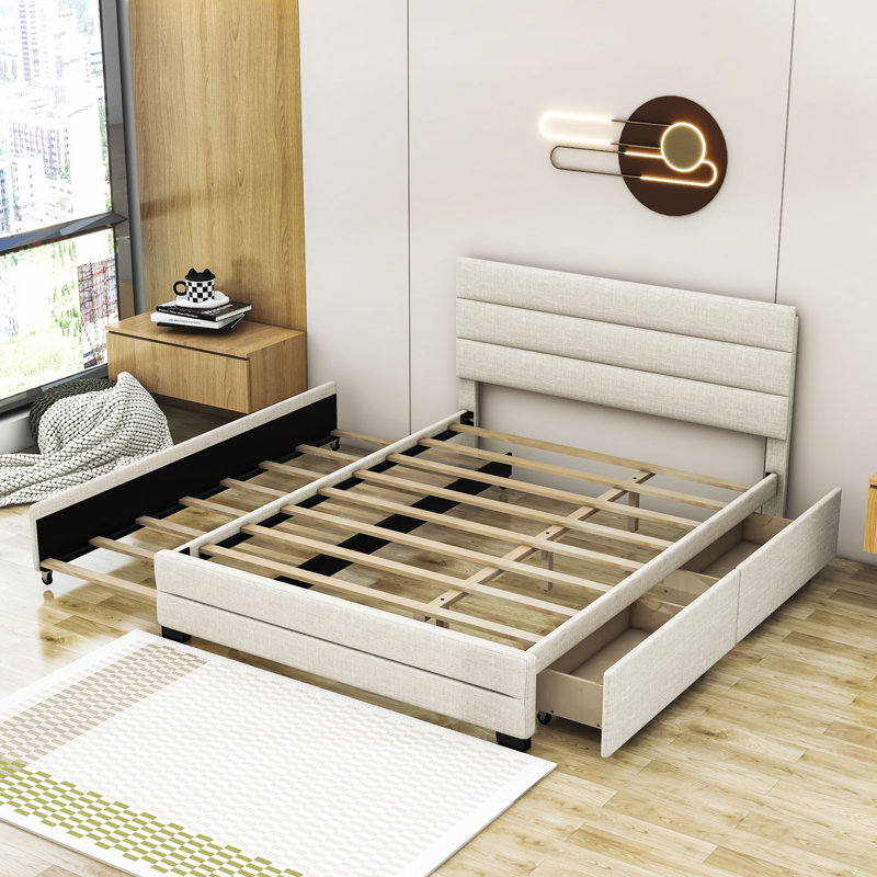 Hamden Queen Size Upholstered Platform Bed with Twin Size Trundle and Drawer, Beige