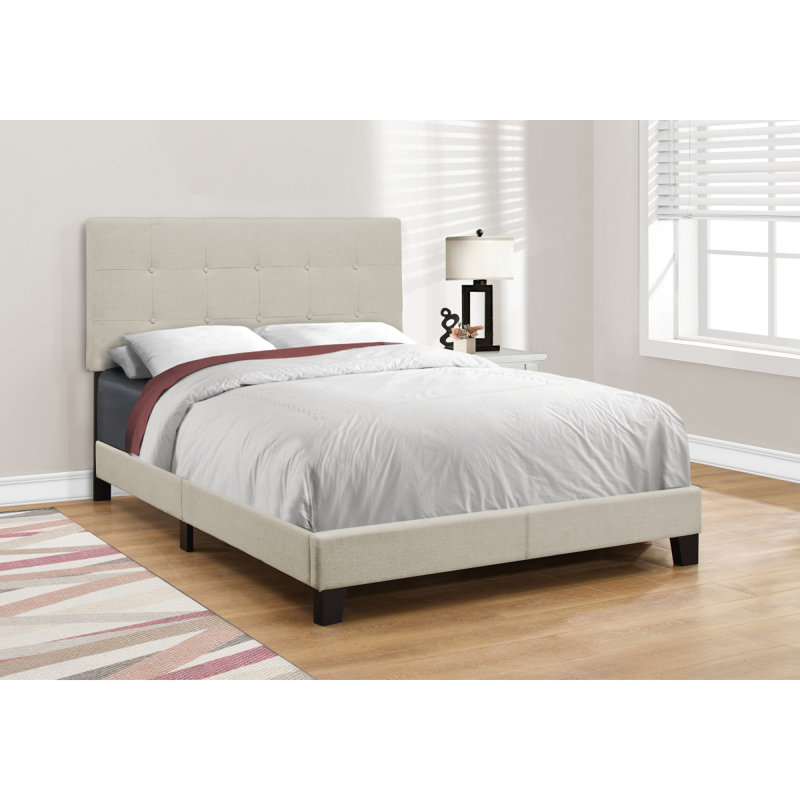 Lit, lit double, chambre à coucher, rembourré, aspect lin beige, pieds en bois noir, transitionnel, Full