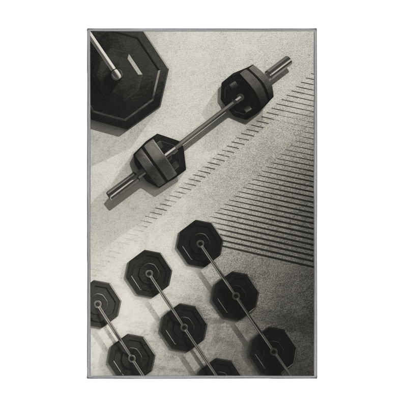 Machine Washable Cain Barbell Weightlifting Modern & Contemporary Geometric Rug in Gray – Gray Binding, 8x10