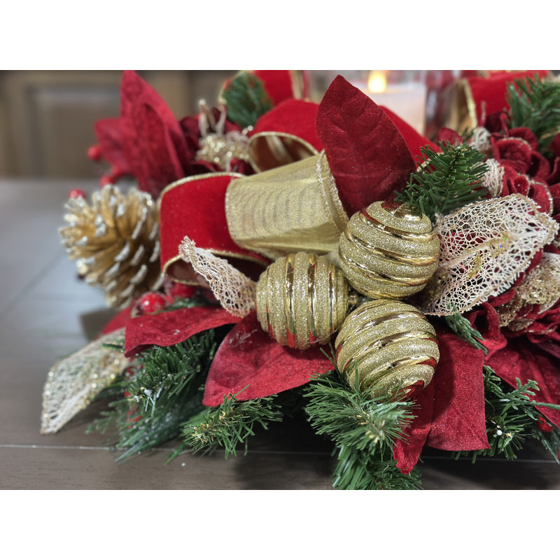 Holiday Candleholder Centerpiece with Hydrangeas, Ornaments and Decorative Leaves