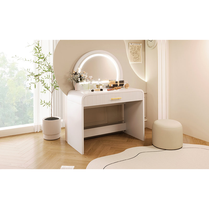39" White Makeup Vanity Table For Bedroom. Touch Screen Mirror With Lights & Drawer. Elegant Curved Design. Enough Storage Cosmetics. And Practical. Simple To Install