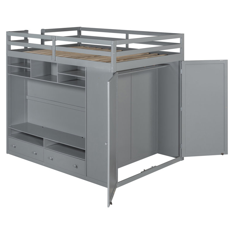 Lit mezzanine double avec tiroirs, tablettes et lumière, Gris