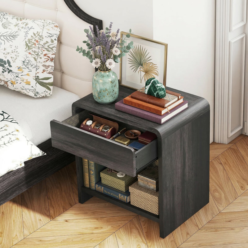 Set Of 2 Modern 21.7" Wide Nightstands With Drawer & Open Shelf - Bedside Table With Safe Curved Corners - 23.6" Table For Small Spaces