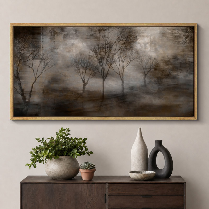 Paysage de forêt brumeuse avec arbres dénudés, tons neutres, décor rustique naturel, très grand format, impression sur toile encadrée