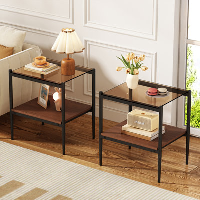 2-piece Modern End Tables Rectangle Side Table with Tempered Glass Top & MDF Storage Shelf, Living Room Accent Tables