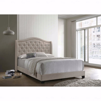 Queen Bed Frame, Copper In Beige Finish Upholstered Design Wingback