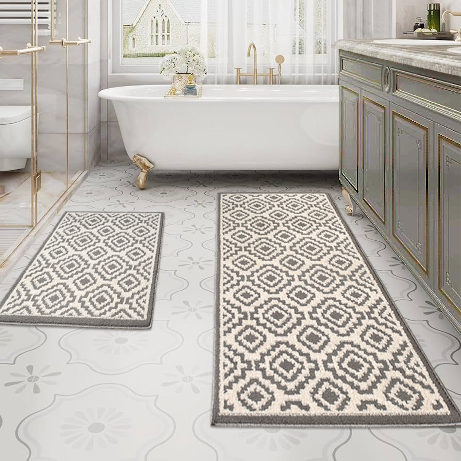 Corrigan Studio® Marcario Floral Gray,Beige Washable 2 Piece Bath Rug ...