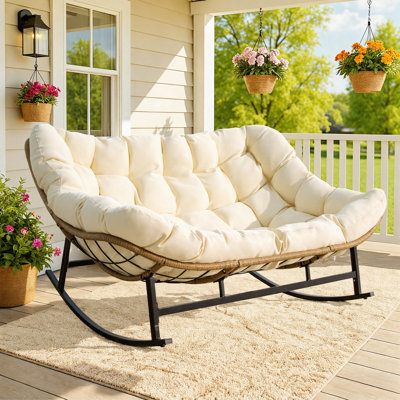 Oversized 2-Person Papasan Rocking Patio Loveseat with Thick Cushion