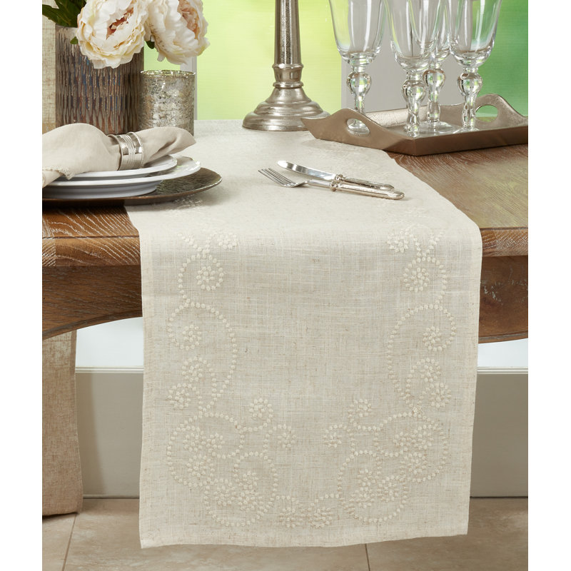 Natural Linen Blend Embroidered Swirl Table Runner 16"x108"
