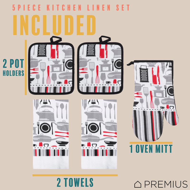 Ensemble de linge de cuisine imprimé 5 pièces PREMIUS, ustensiles de cuisine, 2 serviettes en coton, 2 porte-casseroles, 1 gant de cuisine